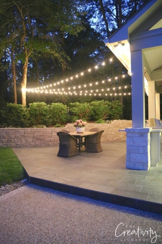 Patio Lighting using Festoon Lighting over Stone Pavers