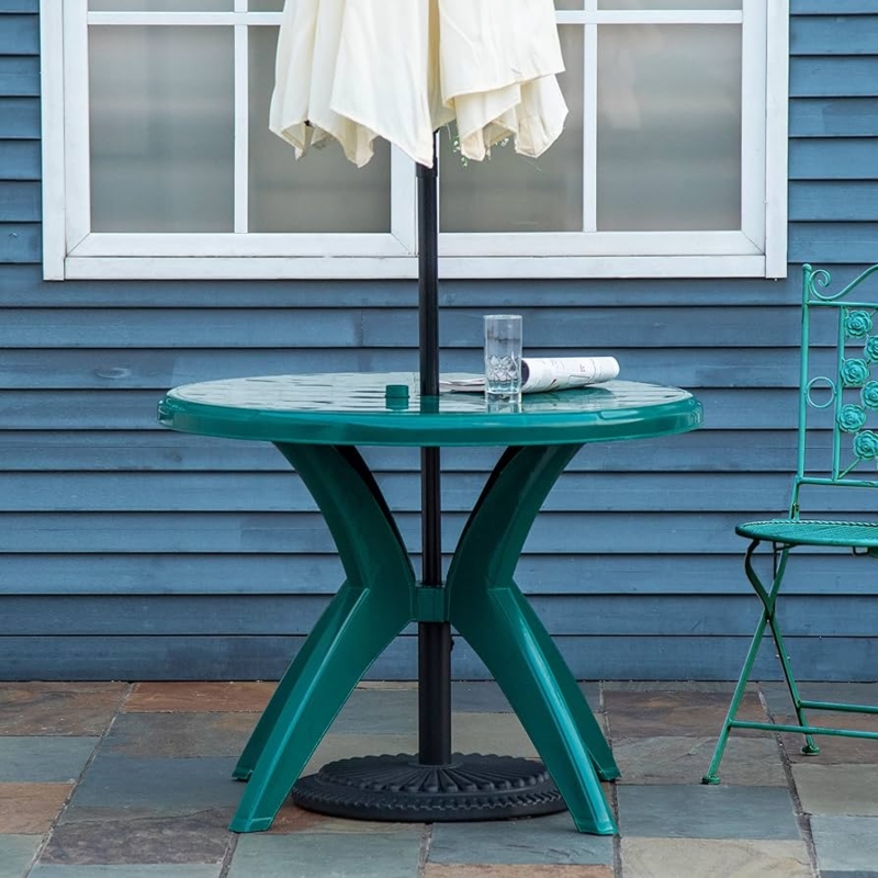 Patio Table Teal Green Plastic Round Top Umbrella Hole Pedestal Base