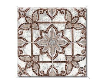 Patterned Ceramic Tile Symmetrical Floral Motif Earthy Matte