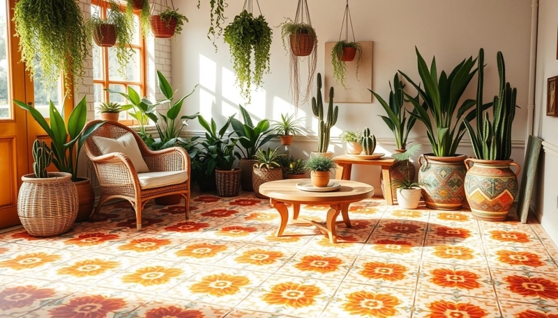 Patterned Tile Floor with Vibrant Orange Floral, Maximalist Decor