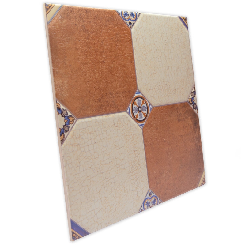 Patterned Tile Floral Accents Terra Cotta Tones Crackle Glaze