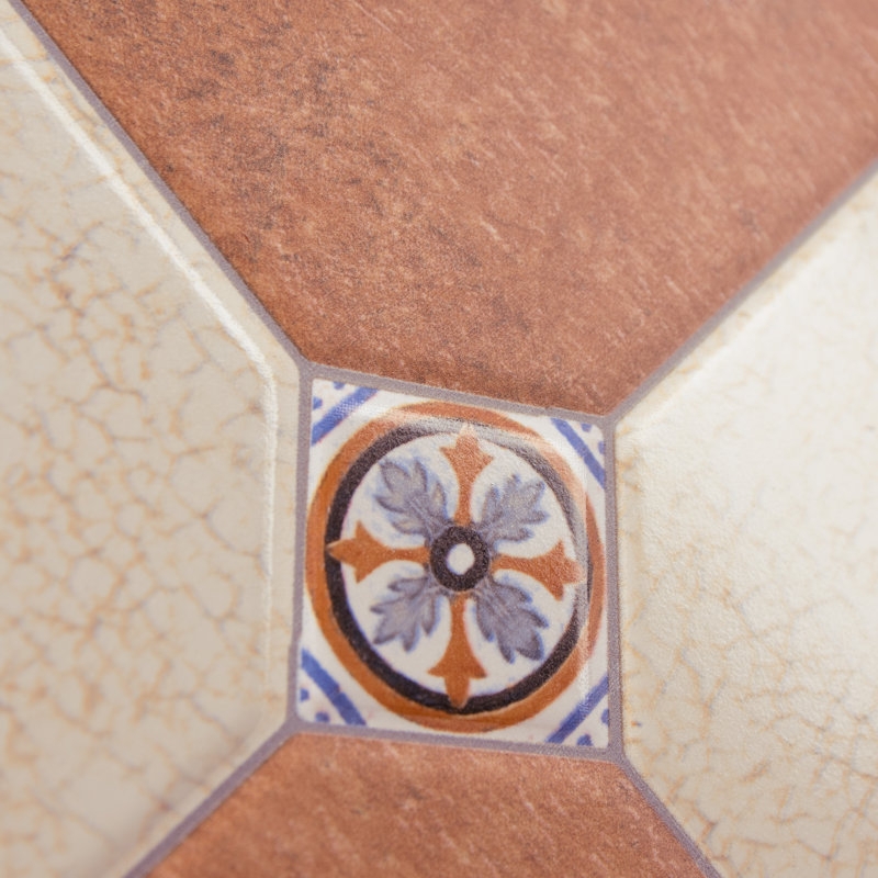 Patterned Tile Mediterranean Motif Crackled Finish Terracotta Cream