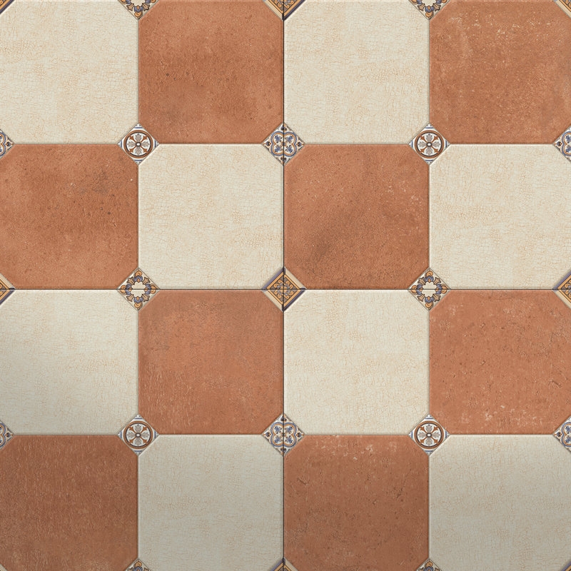 Patterned Tile Ornate Corner Inserts Octagonal Terracotta Cream