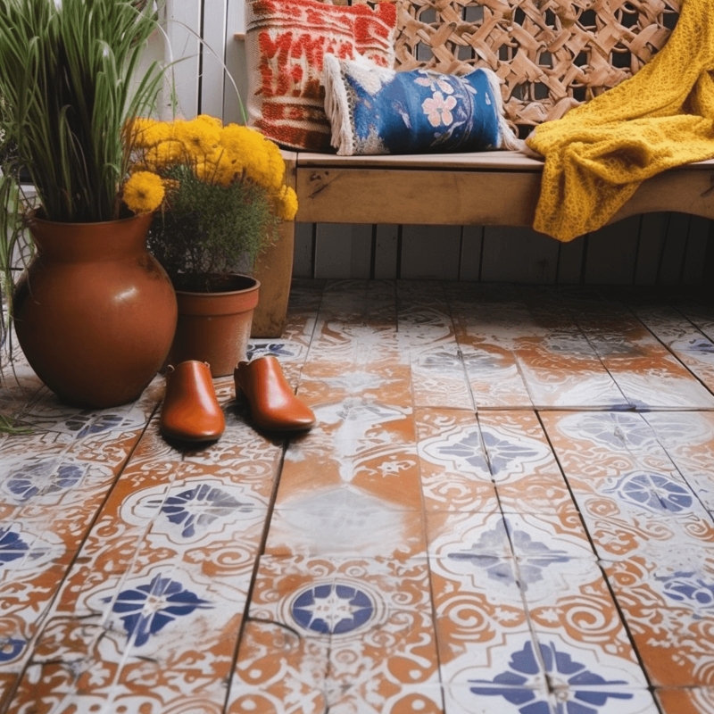 Patterned Tiles, Terracotta and Blue Outdoor Patio Floor Design