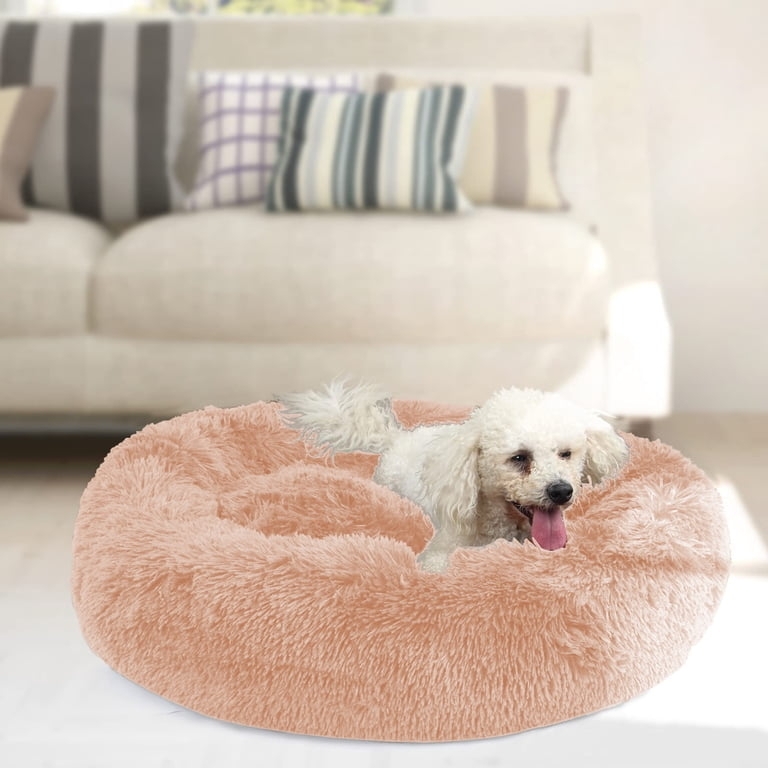 Peach Shaggy Round Donut Pet Bed Faux Fur Raised Rim