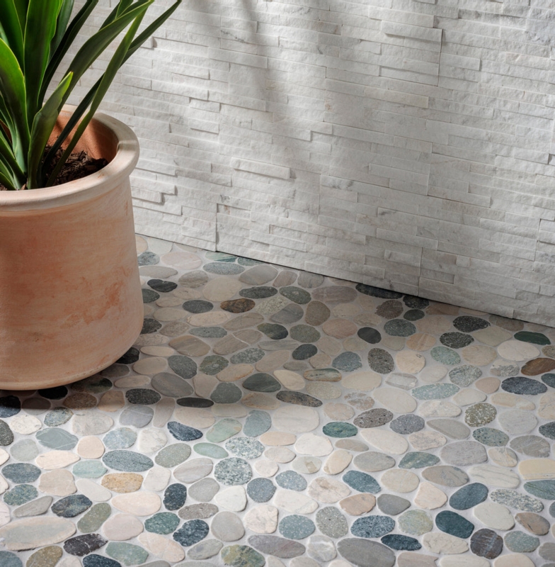 Pebble Flooring: Natural Variation, Stacked Stone Wall, Organic Modern