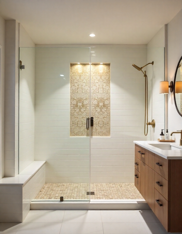 Pebble Shower Floor Tile with Illuminated Accent Niche and Brass Fixtures