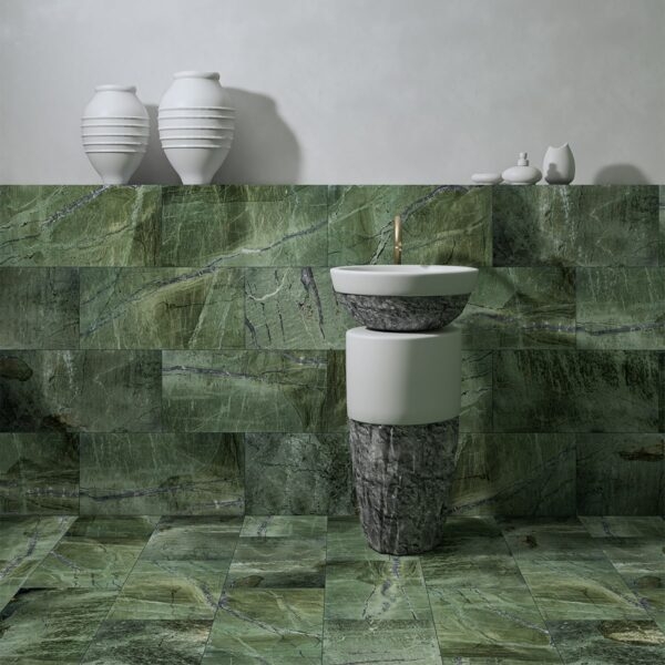 Pedestal Sink Forest Green Marble Sculptural Matte Luxury Powder Room
