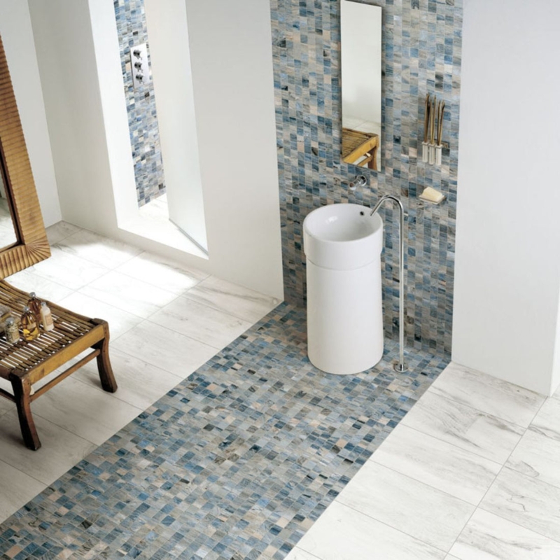 Pedestal Sink Layout with Mosaic Tile Strip Floor Faucet