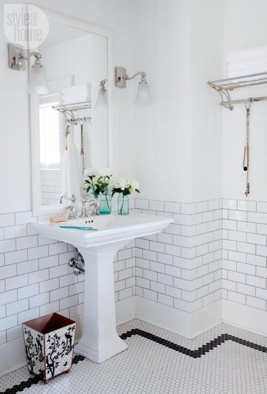 Pedestal Sink Vintage White Black Border Penny Tile