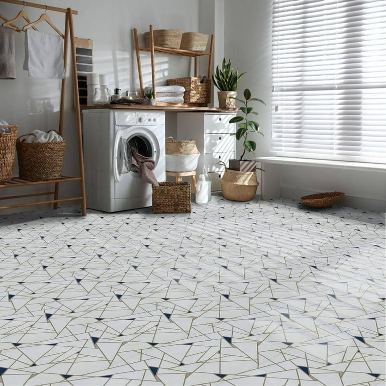 Peel And Stick Tile White Gold Geometric Navy Accents Laundry Room