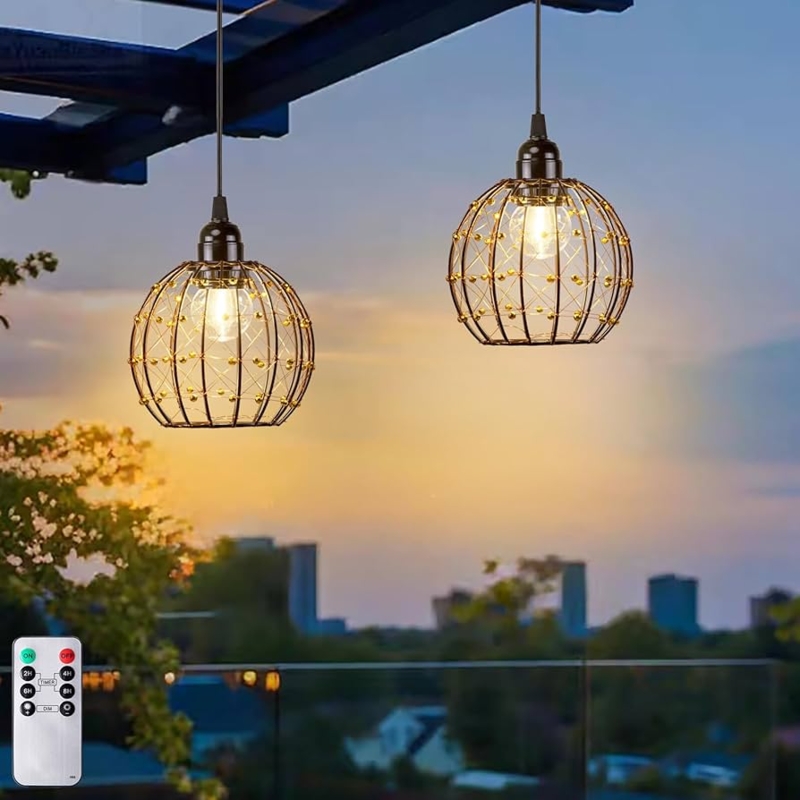 Pendant Light, Beaded Wire Globe Cage, Battery Operated for Pergola