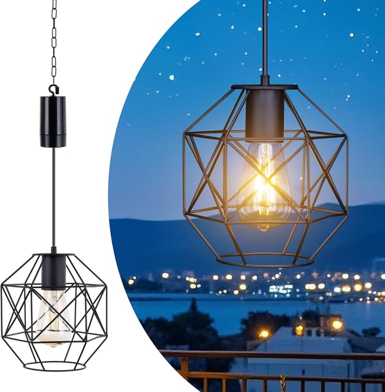 Pendant Light, Matte Black Geometric Cage, Battery Operated for Balcony