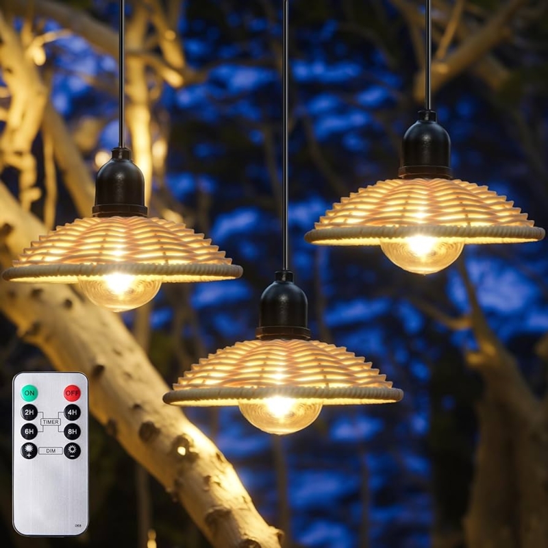 Pendant Light Trio, Woven Flared Shades, Battery Powered for Gazebo