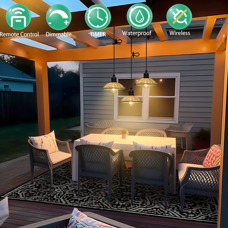 Pendant Light with Patterned Woven Shade, Battery Operated and Wireless