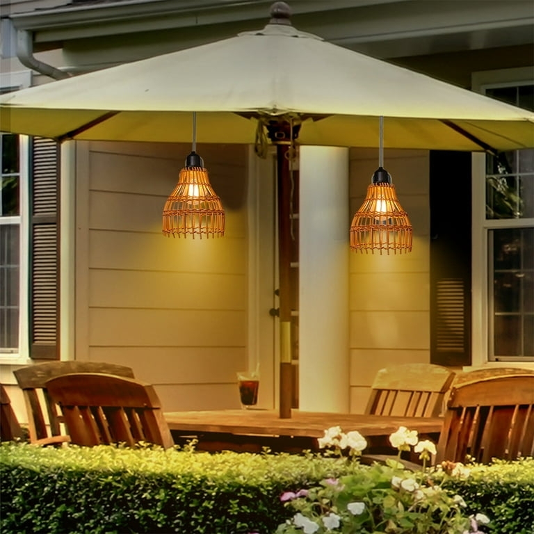 Pendant Light with Woven Bell Shade, Cordless for Umbrella Mounting