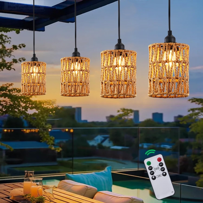 Pendant Light with Woven Rope Shades, Battery Powered for Boho Patio