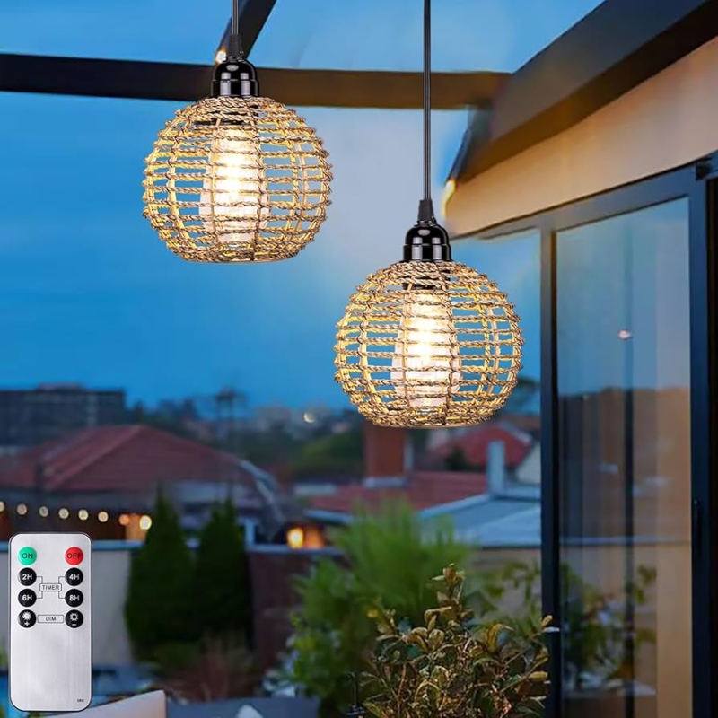 Pendant Light with Woven Seagrass Spheres, Battery Operated for Outdoor