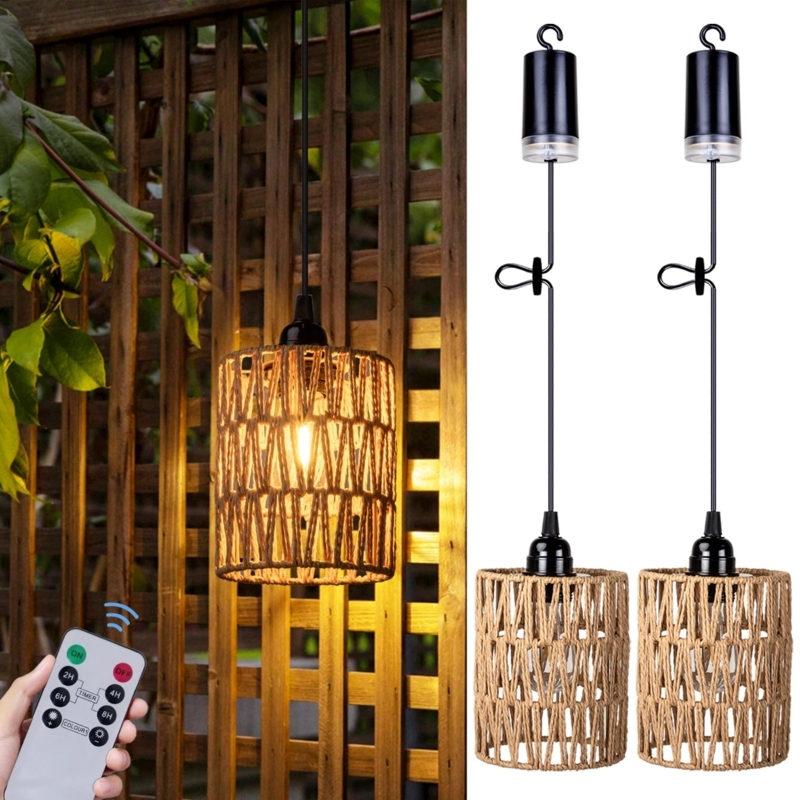 Pendant Light, Woven Rattan Cylinder Shade, Battery Operated with Remote