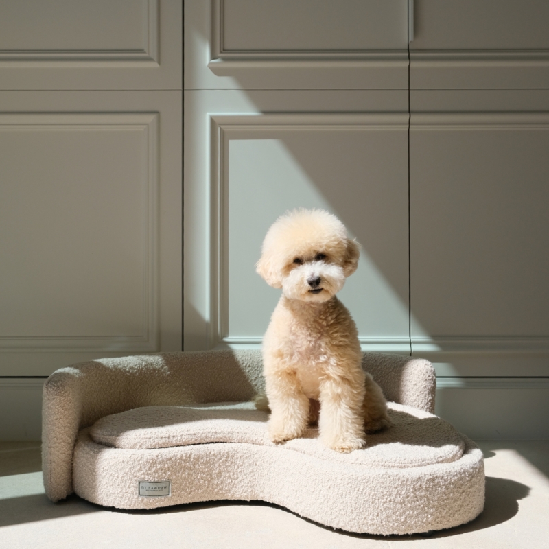 Pet Bed, Cream Boucle, Kidney Shape, Lounge Style Design.