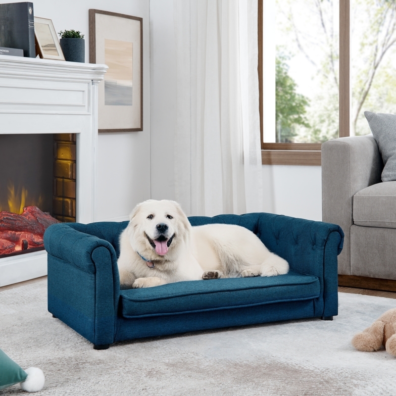 Pet Bed, Navy Blue, Button Tufted, Rolled Arms, Sofa Style.