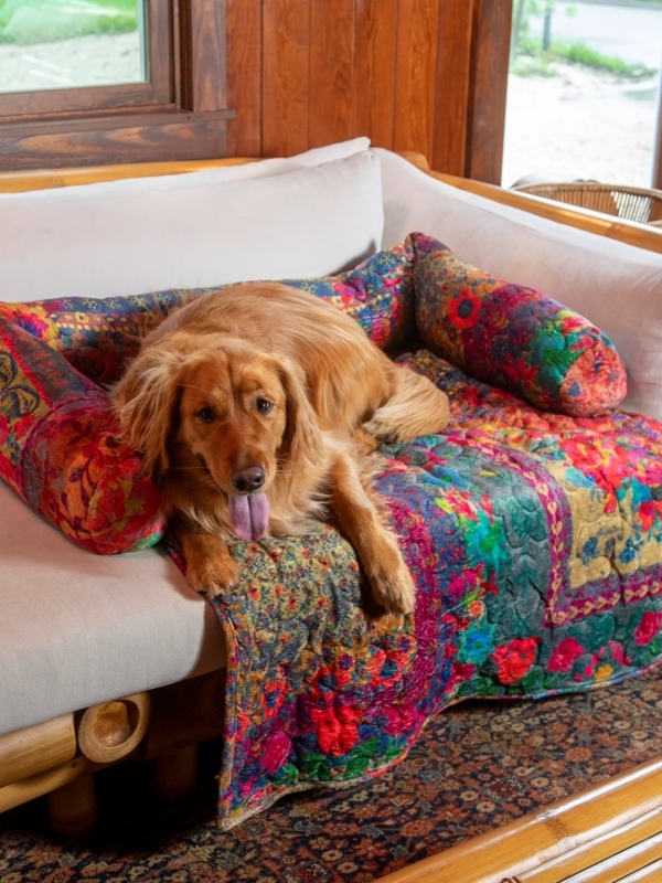 Pet Bed, Rainbow Patchwork, Bolster Edges, Quilted Surface.