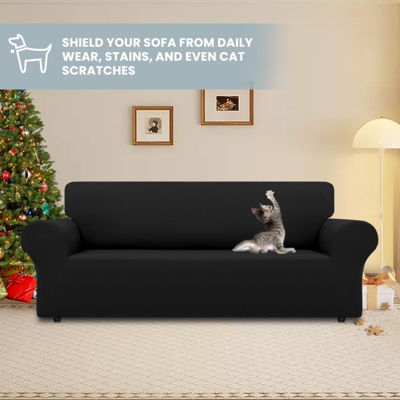 Pet Friendly Sofa Slipcover Waffle Texture Black