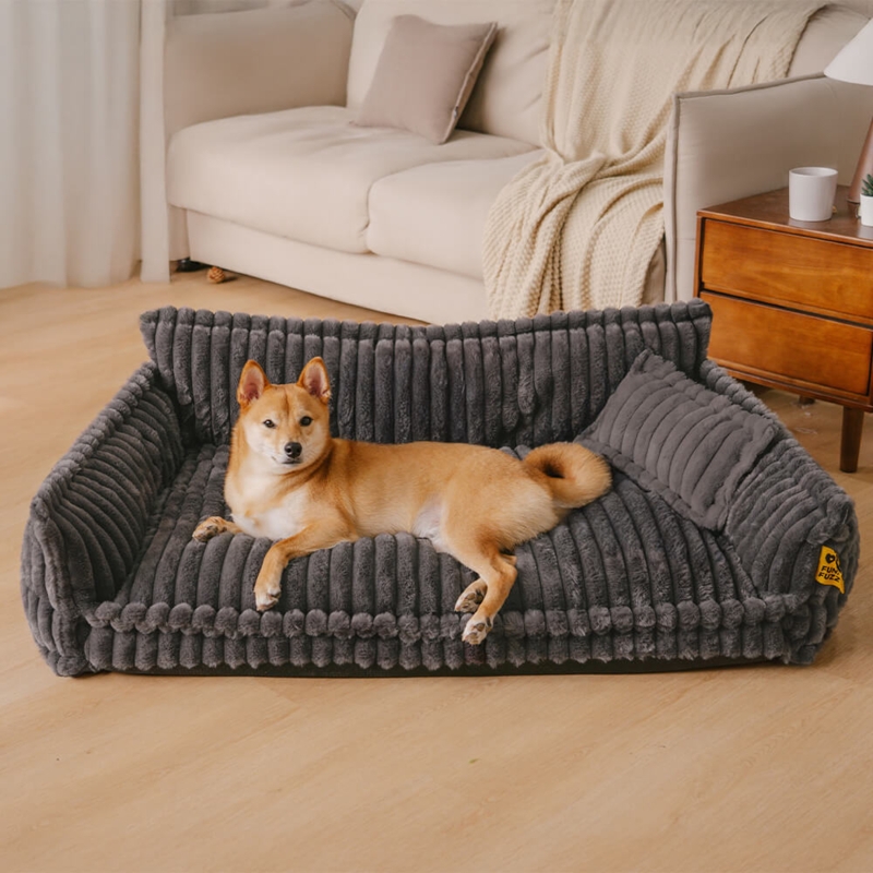Pet Sofa Bed, Charcoal Grey Ribbed Corduroy, Bolstered.