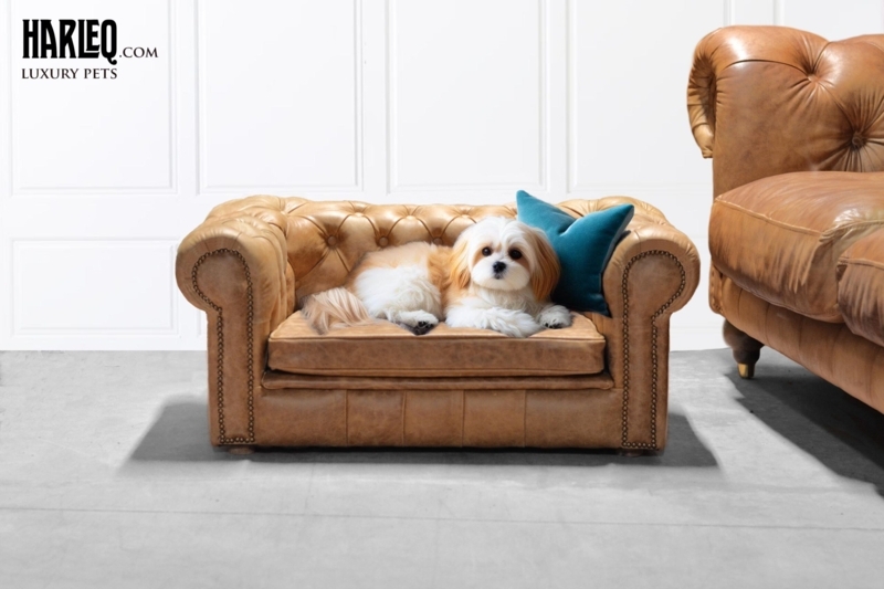 Pet Sofa, Tan Leather-Like, Miniature Chesterfield Design.
