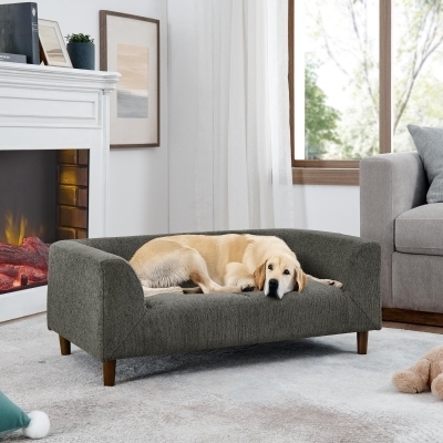 Pet Sofa, Woven Charcoal Fabric, Tapered Wood Legs