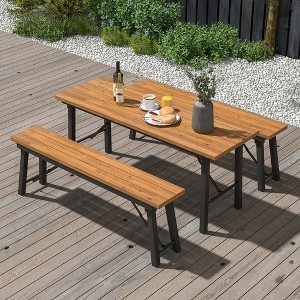 Picnic Table Set Wood Toned Top Black Metal Frame Industrial Bench