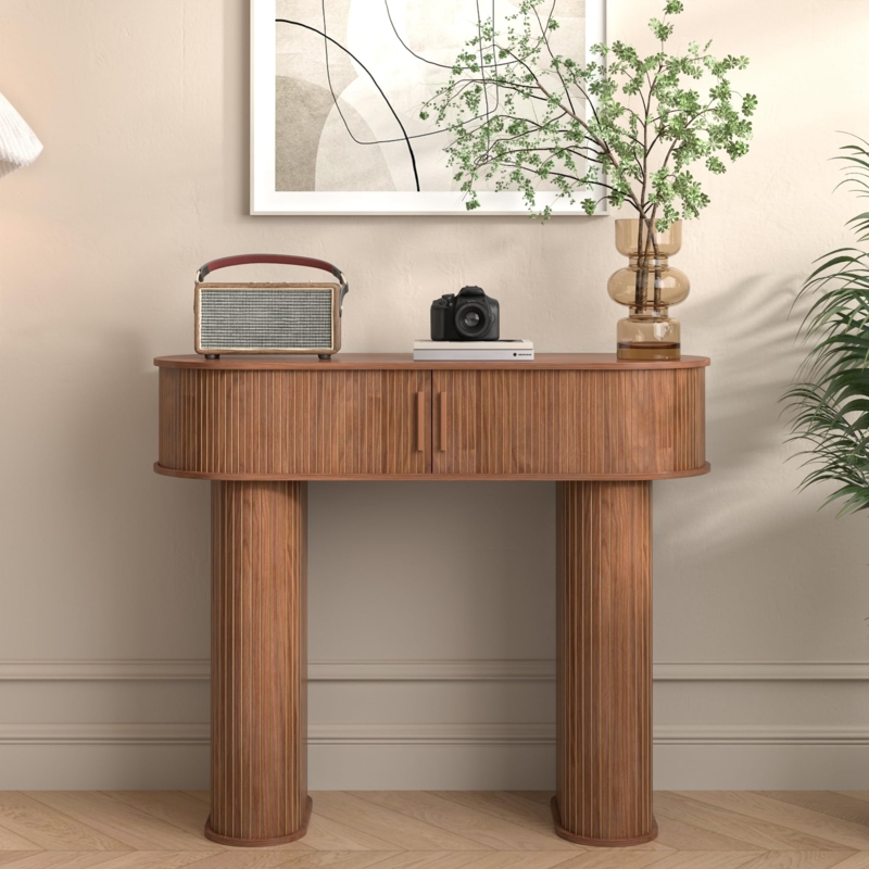 Pill Shaped Console Table with Ribbed Surface and Fluted Legs