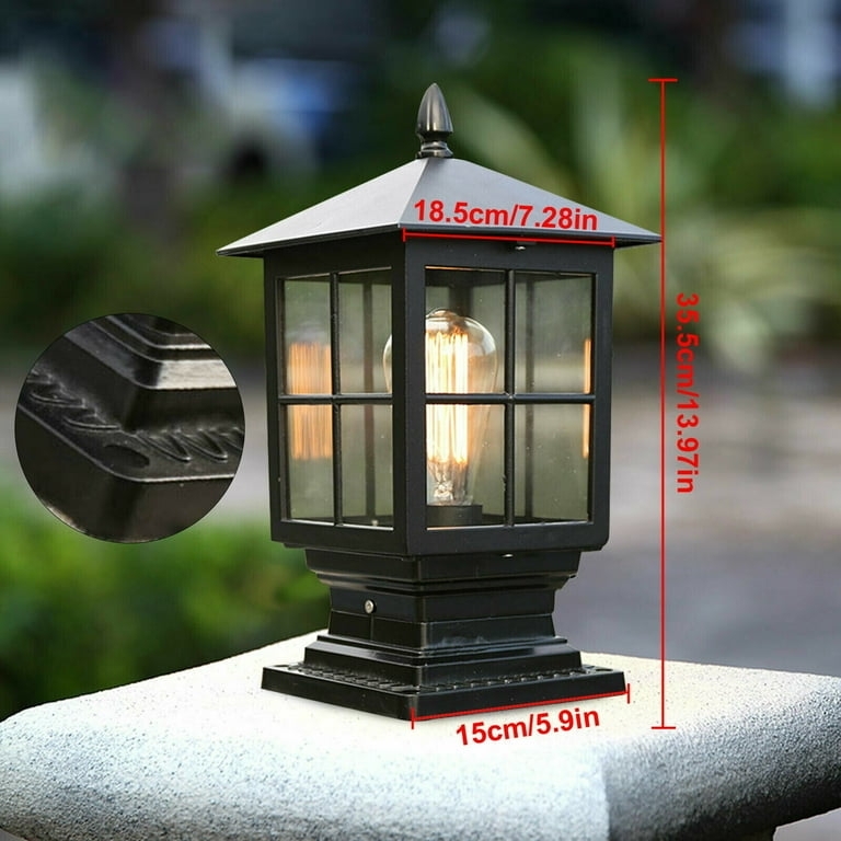 Pillar Light Filament Bulb Pyramid Roof Black Lantern Garden Lamp