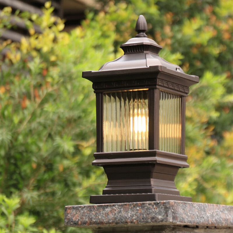 Pillar Light Greek Key Detail Tiered Roof Bronze Classic