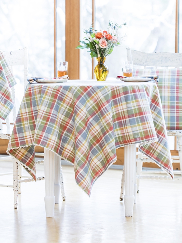 Plaid Tablecloth featuring Sunwashed Colors and Crocheted Edge Trim