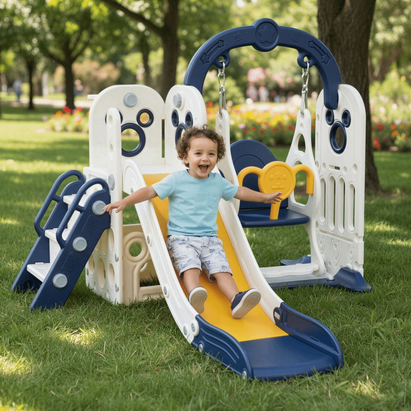Play Set Integrated Steering Wheel Blue White Yellow Slide Swing Outdoor
