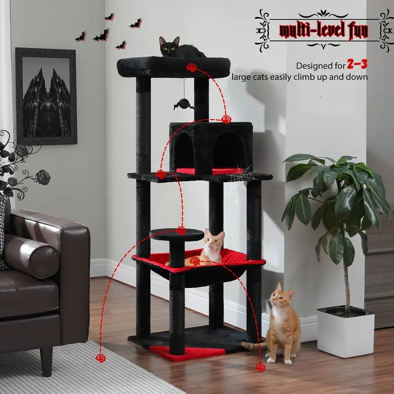 Playful Gothic Cat Tree with Bat Themed Accessories