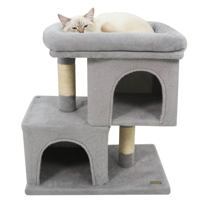 Plush Cat Tower with Bolstered Top Perch and Double Condo Design