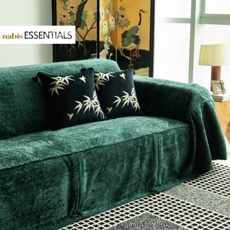 Plush Sofa Cover Emerald Green Chenille Draped Throw