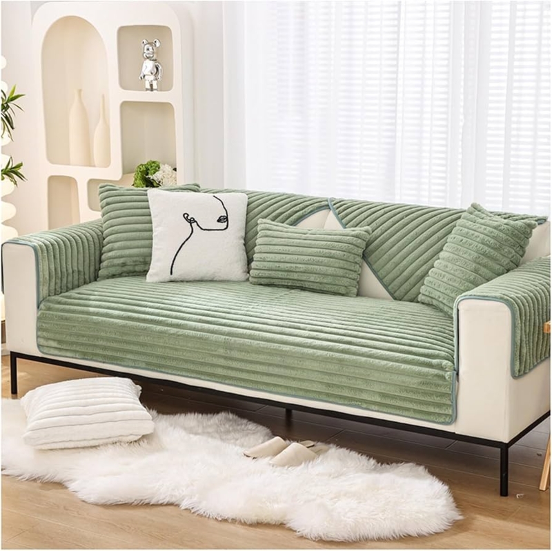Plush Sofa Slipcover Sage Green Ribbed Texture Sectional Set
