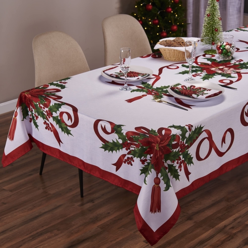 Poinsettia Tablecloth with Tassel Accents & Ribbon