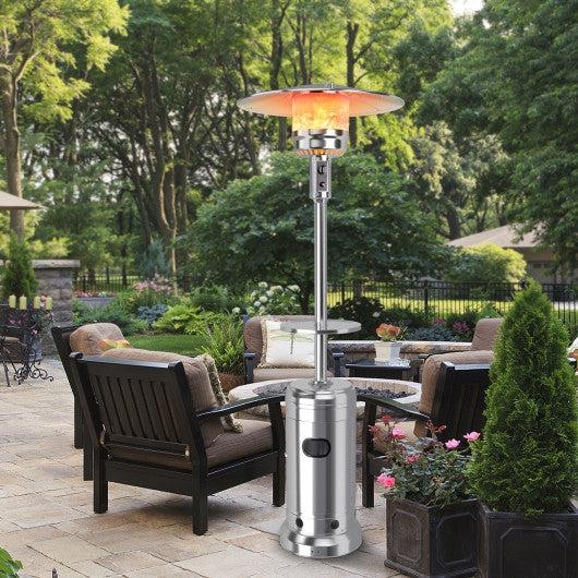 Polished Patio Heater with Drinks Table, Stylish Outdoor Heating.