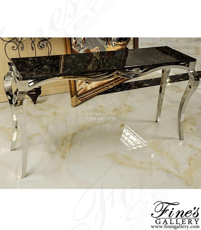 Polished Silver Console Table Cabriole Legs Dark Stone Top Glam
