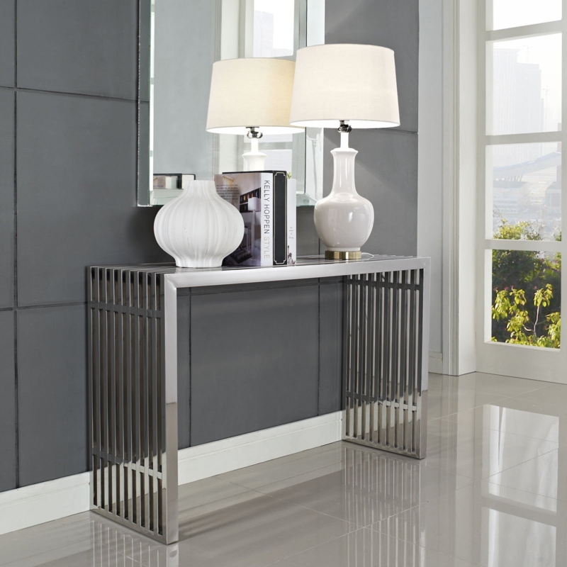 Polished Silver Console Table Vertical Slats Grid Design Contemporary