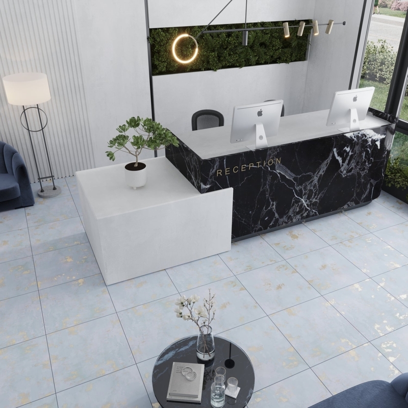 Porcelain Floor Tile: Light Blue with Gold Marbling for Lobby