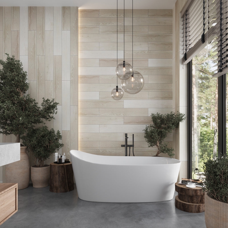 Porcelain Tile Beige Wood Look Matte Finish Biophilic Bathroom Design
