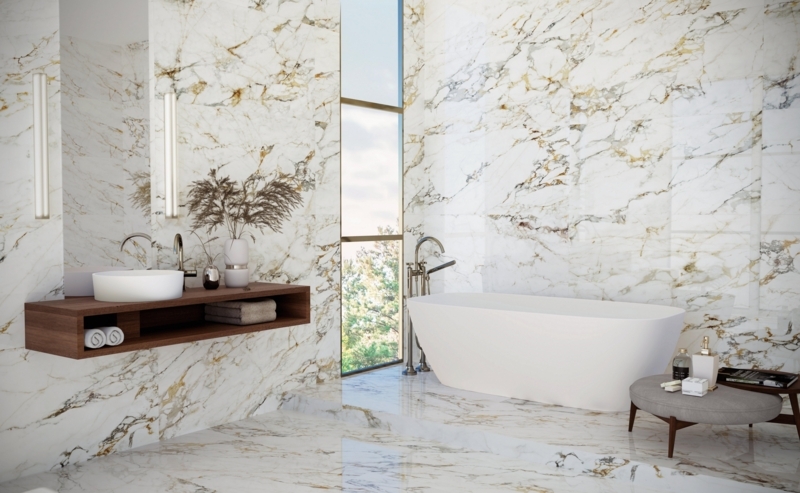 Porcelain Tile: Bold Gold Veining Polished Marble Look for Bathrooms