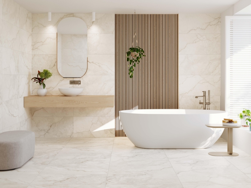 Porcelain Tile Creamy White Matte Wood Slat Wall Accent Japandi Spa