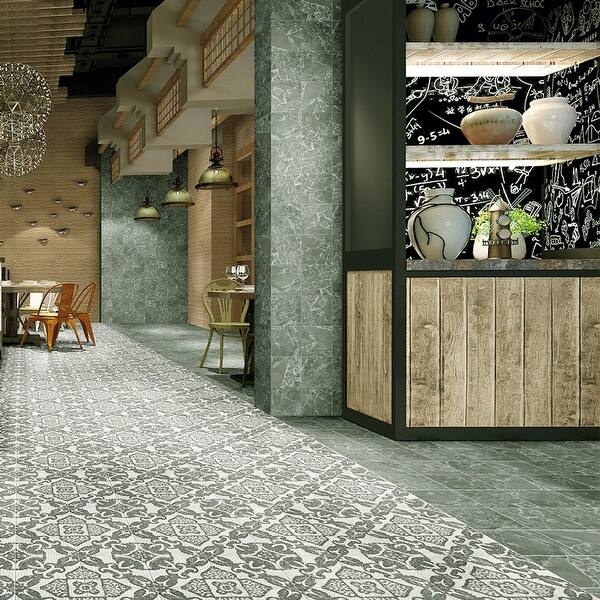 Porcelain Tile Emerald Green Ornate Floral Damask Motif Matte