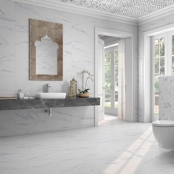 Porcelain Tile White Marble Look Large Format Matte Luxurious Bathroom